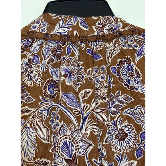 NWT Democracy Small Top Long Sleeve Button Up Brown Cream Purple Floral Lace - Picture 6 of 7
